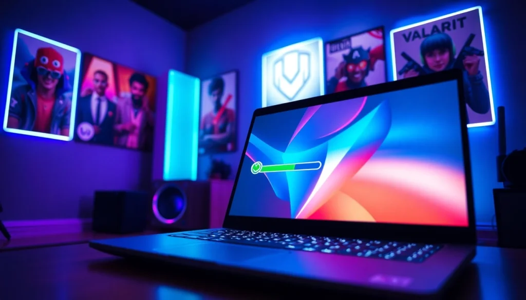 Engaging Valorant download interface featured on a laptop in a vibrant gaming room.