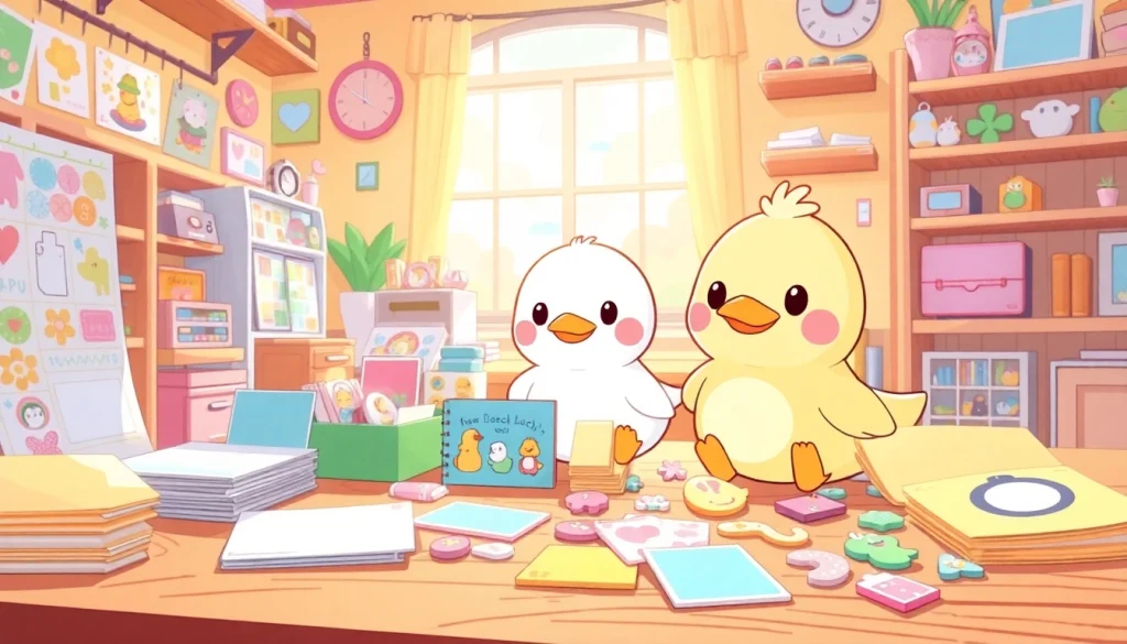 DachiDuck.com features a creative Dachi Duck surrounded by vibrant stationery items.