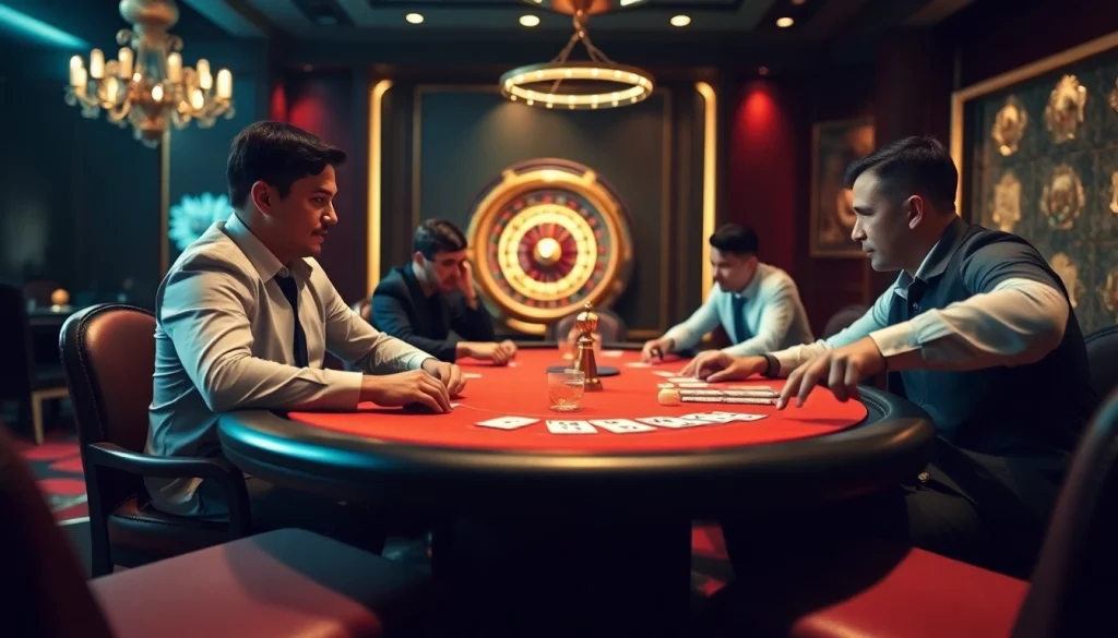 Players at a ta88c poker table maximizing their strategy in a luxurious casino environment.