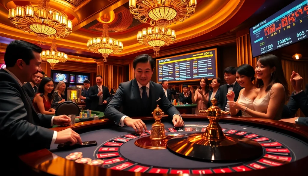 Gambler placing a bet at a roulette table in a luxury casino, Roo99 highlights the excitement.