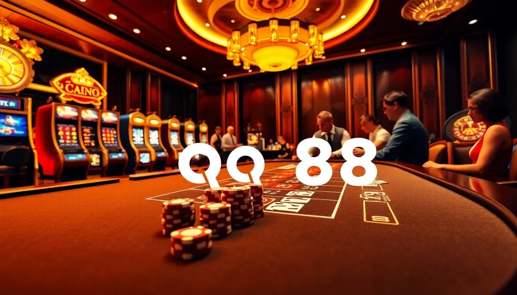 A vibrant casino scene showcasing excitement and strategy at qq88 with players at gaming tables, slot machines, and roulette wheels.