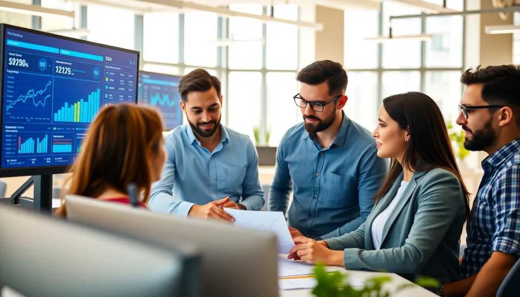 Analyze SEO metrics with a diverse digital marketing team in a modern office setting.