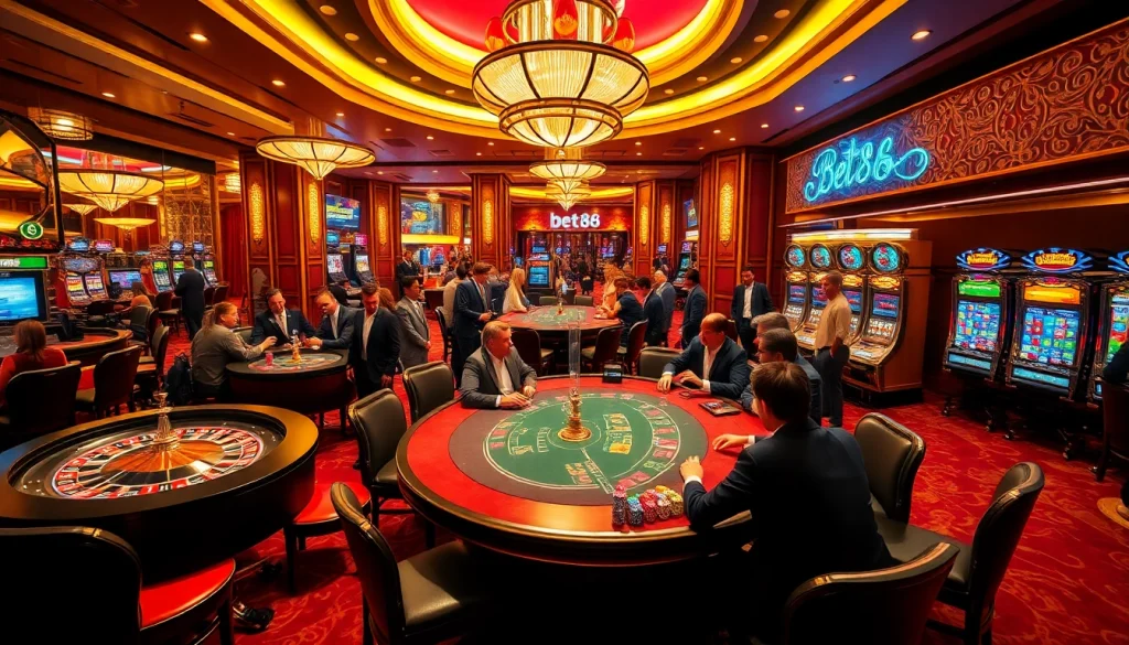 Experience the excitement of bet88 at a luxurious casino with roulette wheels and vibrant slot machines.