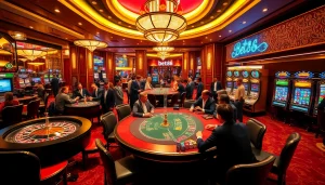 Experience the excitement of bet88 at a luxurious casino with roulette wheels and vibrant slot machines.