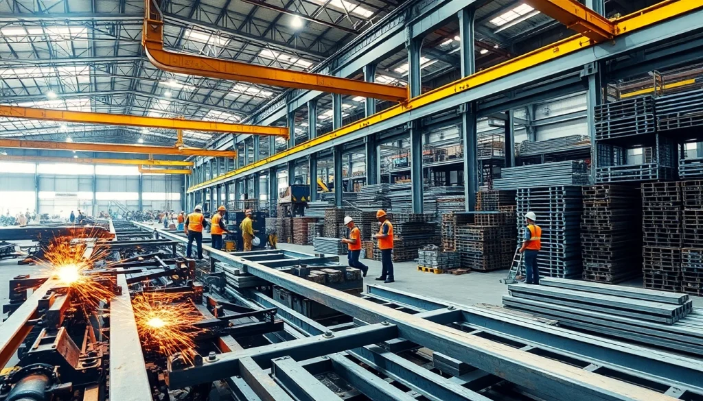 Showcasing structural steel fabrication process with skilled workers in a workshop setting.