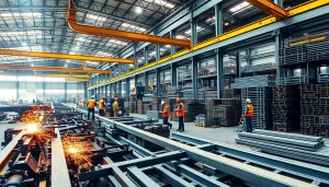 Showcasing structural steel fabrication process with skilled workers in a workshop setting.