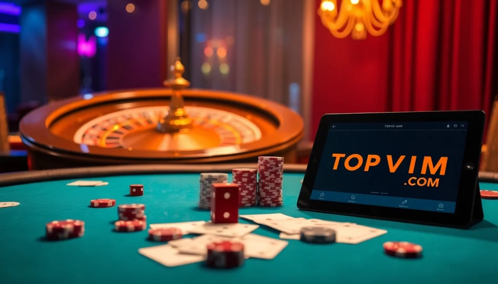 Experience thrilling gameplay at TOPVIP.COM with poker chips and roulette in a luxurious casino setting.