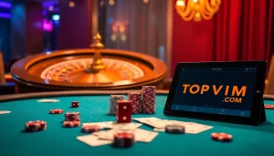 Experience thrilling gameplay at TOPVIP.COM with poker chips and roulette in a luxurious casino setting.