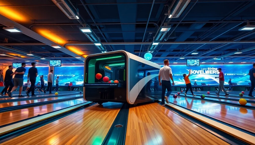 String bowling manufacturer EV99 in action at a modern bowling alley.