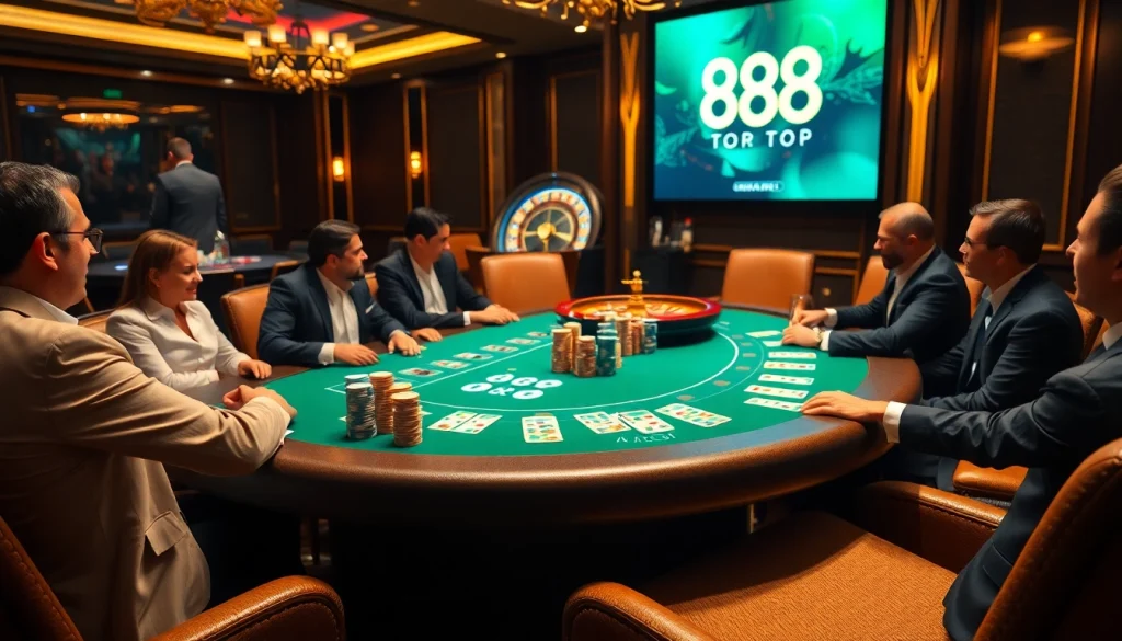 Engaging scene of a high-stakes poker game at 888TOP casino with vibrant chips and cards.
