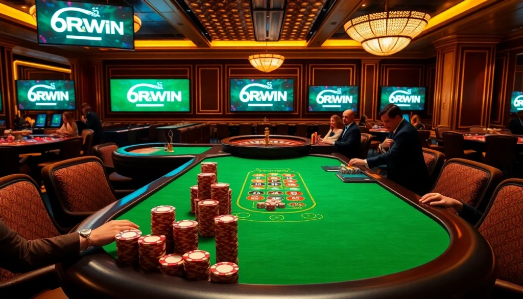Exciting poker game scene at a 6RWIN casino table with vibrant chips and professional dealers.