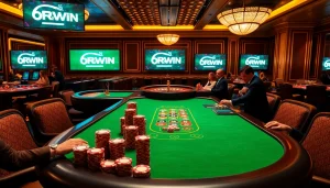 Exciting poker game scene at a 6RWIN casino table with vibrant chips and professional dealers.