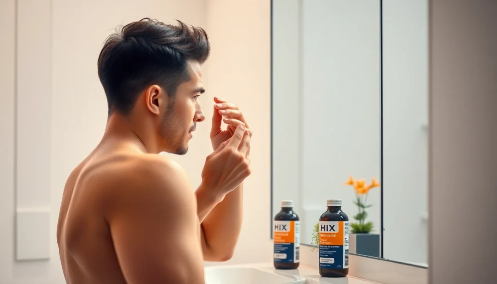 HIX Minoxidil口コミ: 現代的なバスルームで発毛治療を塗布する若い男性。
