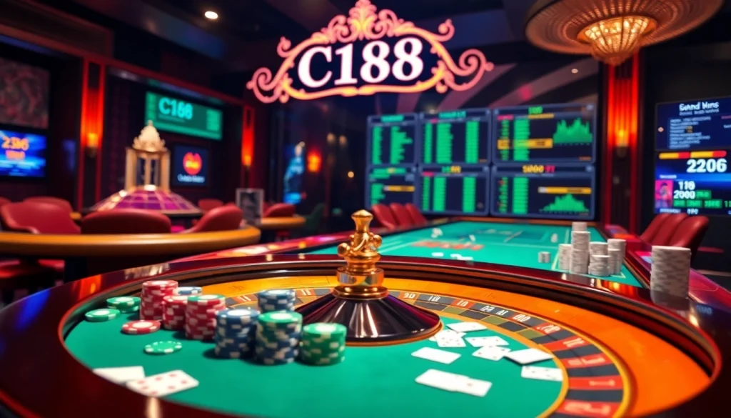 C168 casino scene with vibrant poker chips and an engaging roulette wheel, capturing the excitement of online gambling.