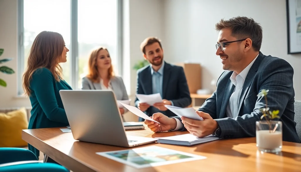 Real Estate agent assisting clients in a modern office setting with dynamic interactions.