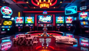 Engaging poker game scene with Fun88 branding and vibrant casino elements.