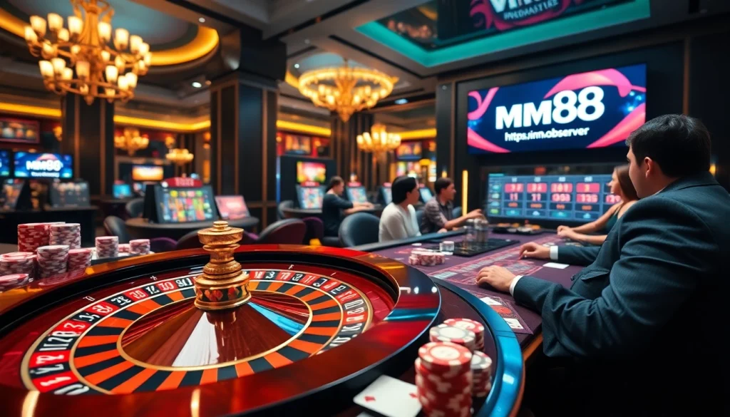 Players enjoying betting at https://mm88.observer/ with poker chips and roulette wheel in a luxurious casino.