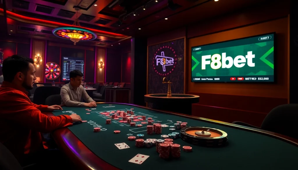 Engage in high-stakes poker with F8bet at a luxurious casino table featuring vibrant chips and cards.