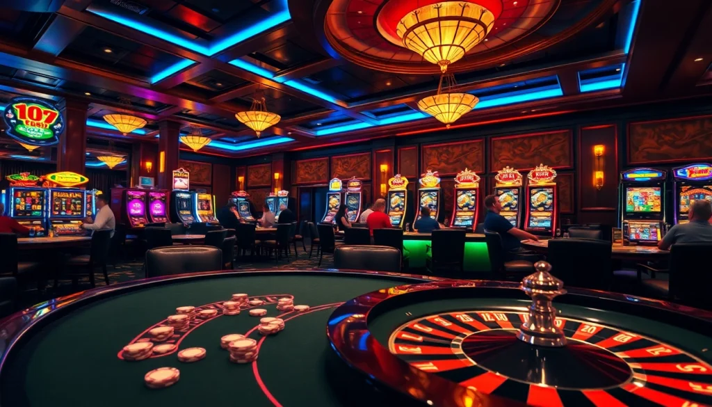 Vue d'une scène de jeu élégante dans le meilleur casino en ligne en Belgique, présentant des tables de poker et de roulette avec des machines à sous lumineuses.