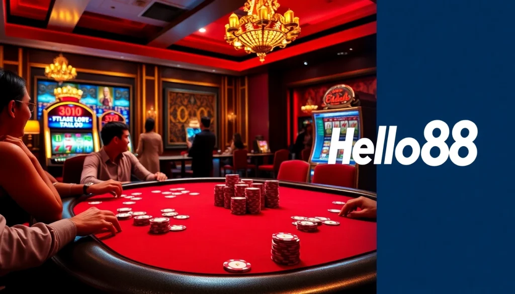 Engaging casino atmosphere with Hello88 branding, showcasing lively gambling action and luxurious decor.
