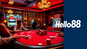 Engaging casino atmosphere with Hello88 branding, showcasing lively gambling action and luxurious decor.