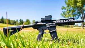 Showcasing the super safety trigger in an AR-15 setup at a sunny shooting range.
