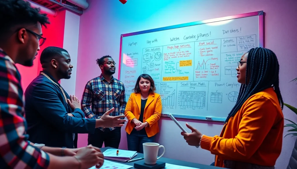 Hip hop PR agency team collaborating on dynamic marketing strategies in a studio.