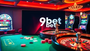 V9bet online casino interface with poker chips, cards, and slot machines in an exciting setting.