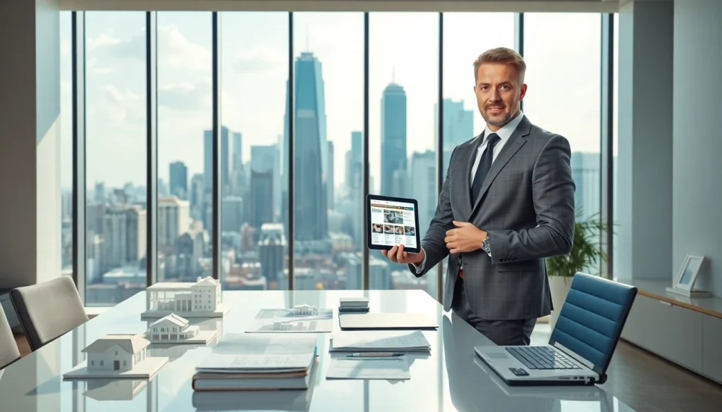 Real Estate agent showcasing digital listings in a modern office environment