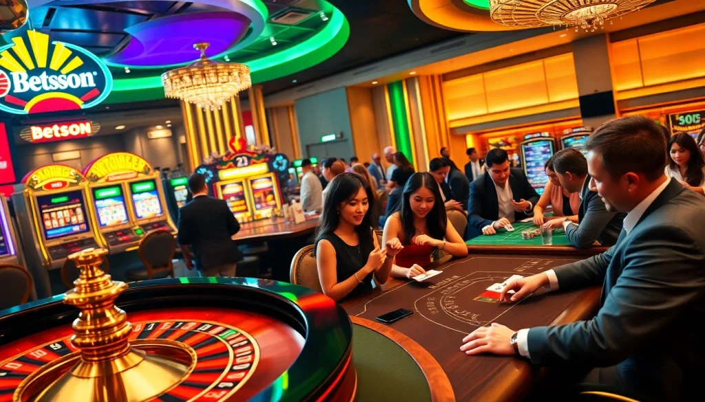 Betsson players enjoying thrilling games at a vibrant casino atmosphere with roulette and poker tables.