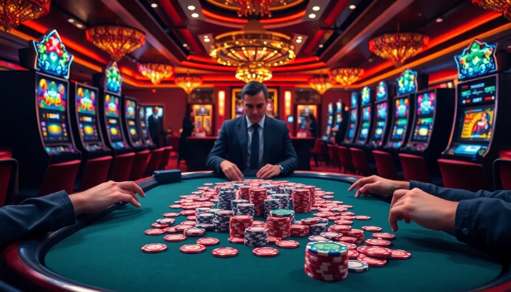 Players delight in professional poker action with s8 chips at a luxurious casino table.