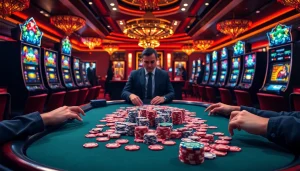 Players delight in professional poker action with s8 chips at a luxurious casino table.
