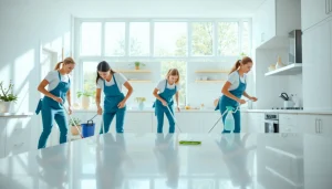 Showcase cleaning services with a professional crew enhancing a bright, clean home environment.