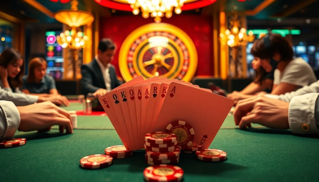 A lively casino scene showcasing excited gamblers at a poker table, embodying the VN168 gambling experience.