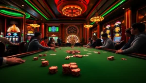 Engaging players at a poker table in a vibrant casino setting showcasing https://okfun.baby/ excitement.