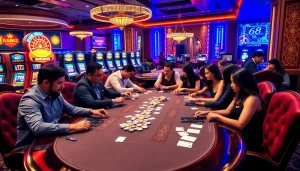 Engaged players betting in a luxurious casino showcasing RR88 gaming elements.