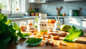 健康的な食品とともにキッチンテーブルに並ぶ葉酸サプリメント、ウェルネスを促進。