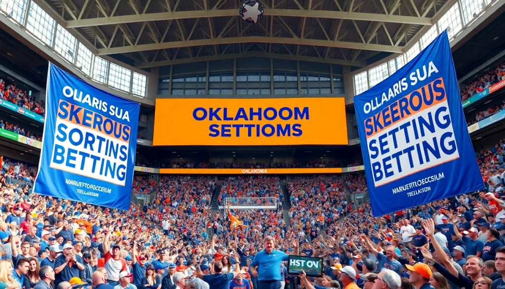 Engaged fans enjoying Oklahoma sports betting event in vibrant stadium setting.
