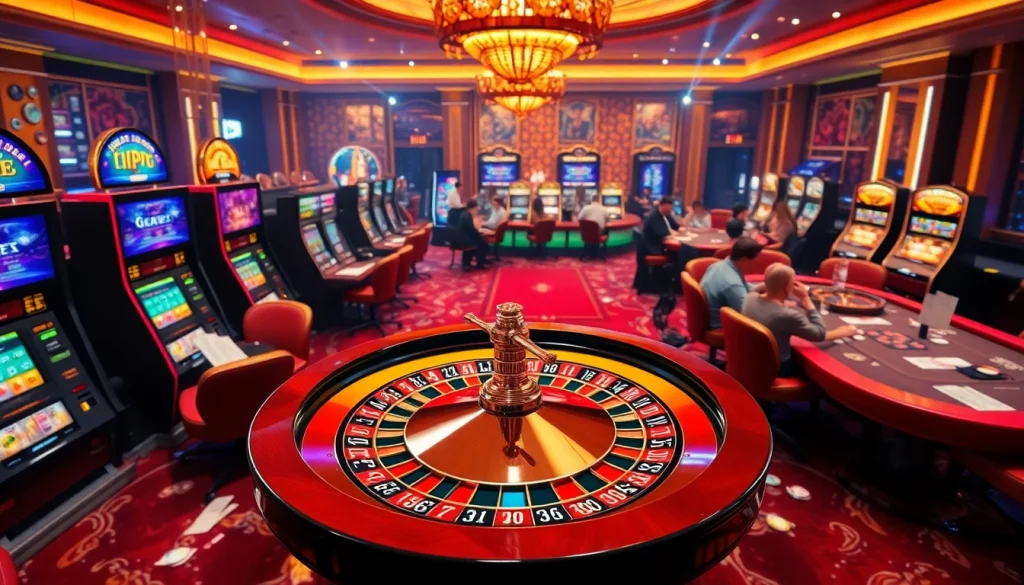Thrilling THABET casino scene full of slot machines, poker tables, and roulette wheel.