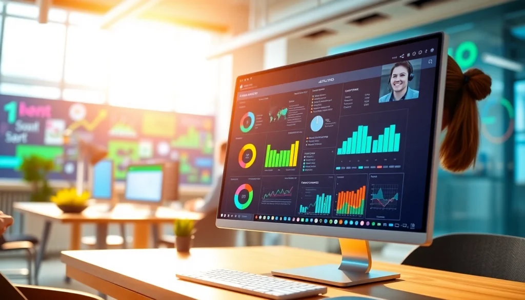 Showcasing call center software, a professional agent interacts with clients in a modern office.