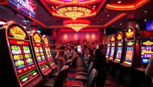 main gaming interface walettoto dengan mesin slot yang menarik dan suasana ramai di latar belakang.