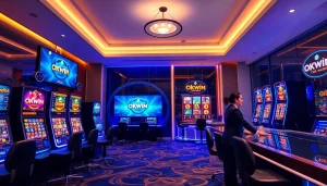 Okwin online gaming interface showcasing vibrant slot games and a live casino atmosphere.