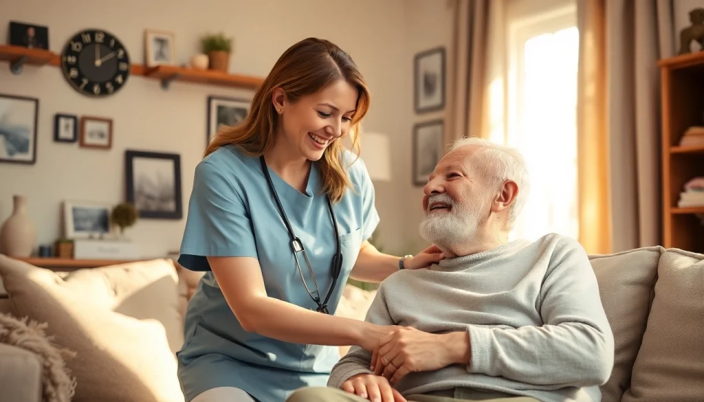 Providing in home care austin tx, a caregiver supports a senior in a warm living room setting.