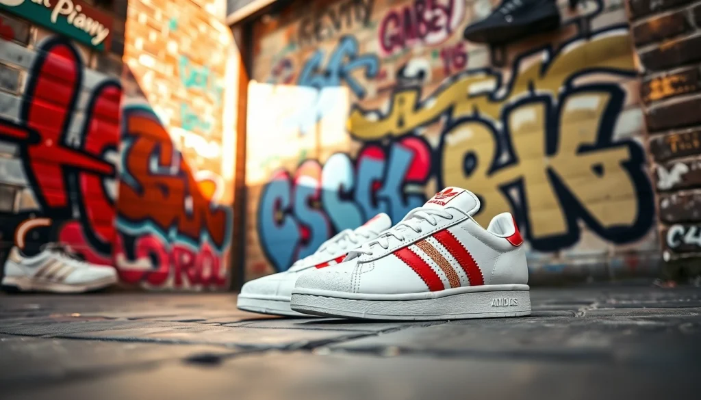 Admiring stylish footwear at adidasfluxpascher.fr in a vibrant urban setting.