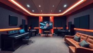 Студия звукозаписи с современным оборудованием для качественной записи и сведения аудио.