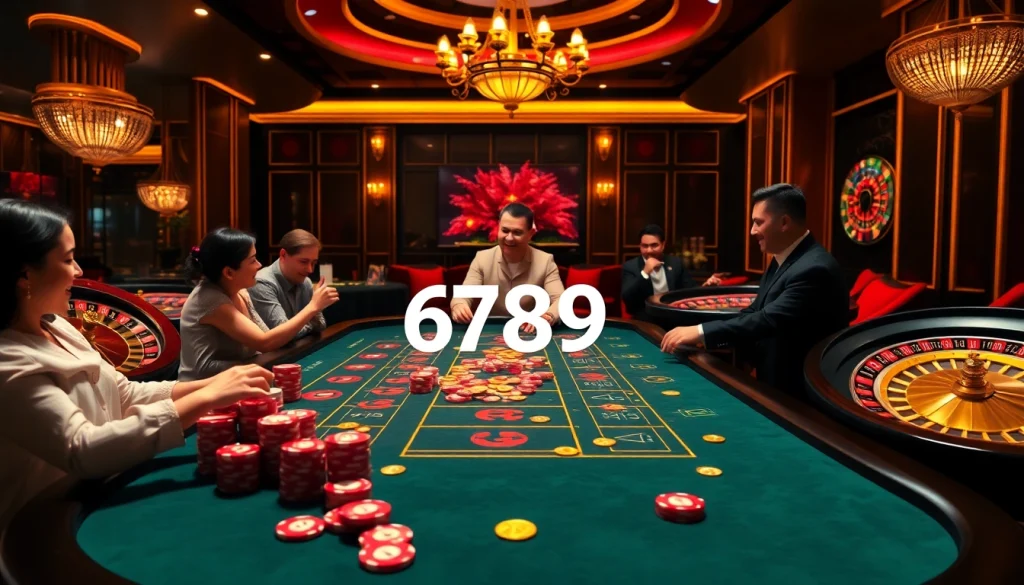 Engaging scene at 6789 casino showcasing luxury with dealers and excited players at a roulette table.
