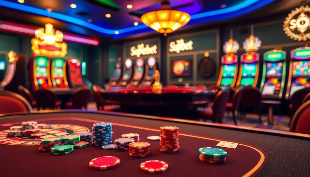 Superbet casino scene featuring vibrant poker chips and roulette wheel for an exciting gambling experience.
