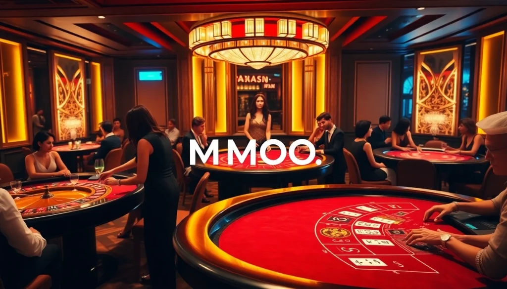 MMOO casino scene with poker chips, elegant tables, and excited players gambling.