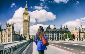 Brexit UK London city lifestyle background for EU UK concept. Commuter walking away on street.