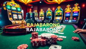 RAJABARONG showcases a luxurious casino scene with roulette wheels and excited players.